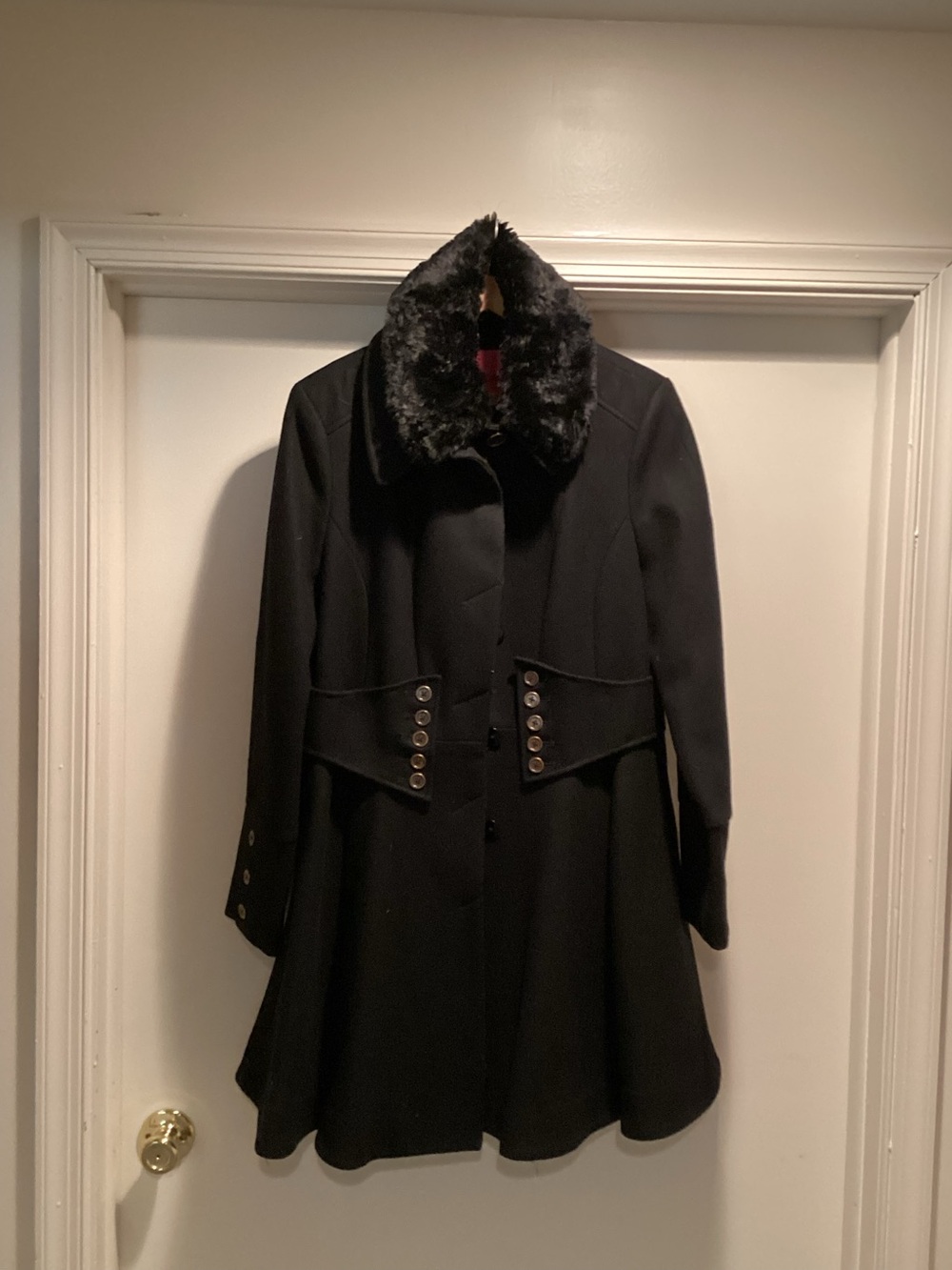 Betsey Johnson Black Wool-Blend Faux-Fur Corset Flared Coat Size 12, Preowned